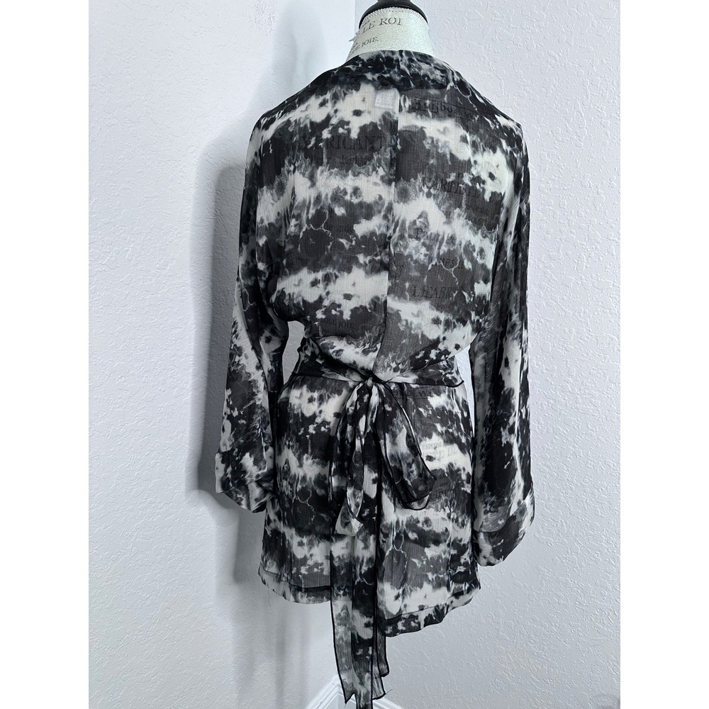 Alberto Makali Black White Tie Dye V-Neck Mini Dress Sheer Gathered Waist - Picture 6 of 9